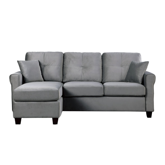 Reversible Configuration 1 Piece Sectional Sofa With 2 Pillows Gray Velvet Fabric Upholstered Tufted Back Living Room Furniture