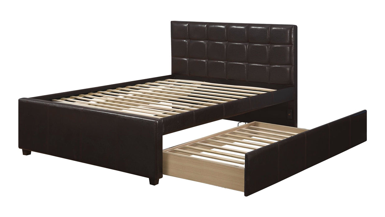 Full Size Bed With Trundle Slats Espresso Faux Leather Plywood Kids Youth Bedroom Furniture Wooden Slats Square Box Upholstered Headboard 1 Piece Bed