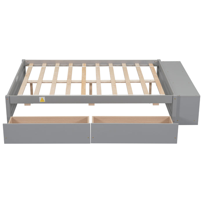 Full Size Bed With 2 Drawers And Storage Shelves, Grey