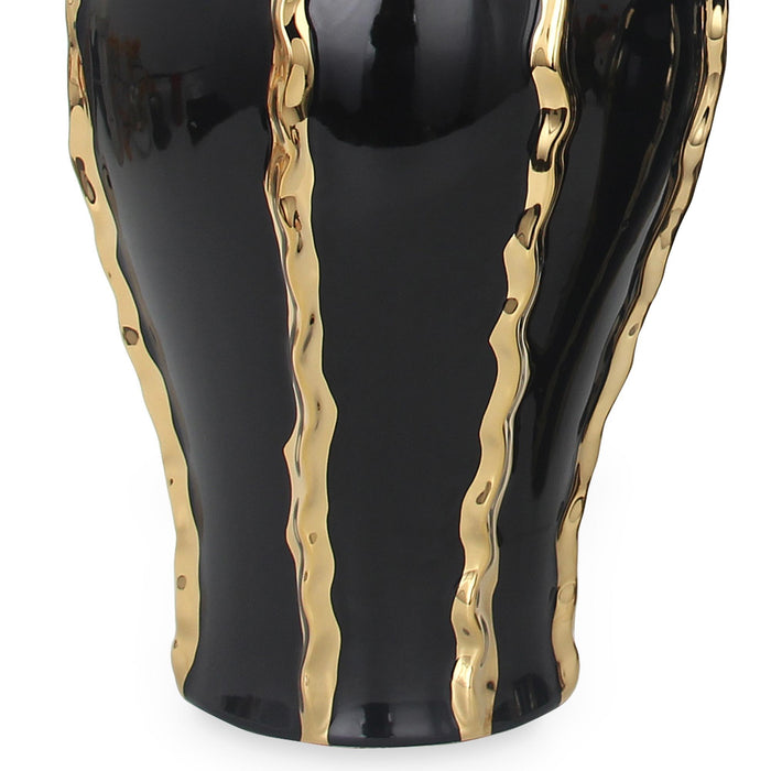 Elegant Ceramic Ginger Jar Vase With Gold Accents And Removable Lid - Timeless Home Decor - Black