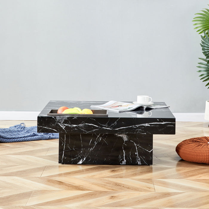 A Modern And Practical Coffee Table Made Of MDF Material With Black Patterns. The Fusion Of Elegance And Natural Fashion