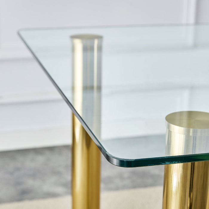 1 Table With 4 Chairs, Transparent Tempered Glass Tabletop, Thickness Of 0.3 Feet, Golden Metal Legs, Paired With Plastic Armless Crystal Chair, Gold - Plated Metal Legs