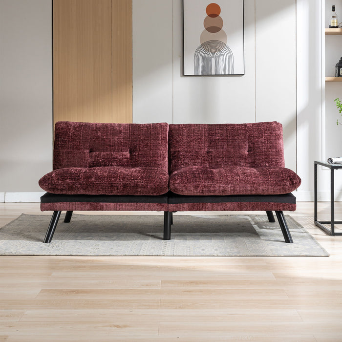 Convertible Sofa Bed Loveseat Futon Bed Breathable Adjustable Lounge Couch With Metal Legs, Futon Sets For Compact Living Space Chenille- Wine Red