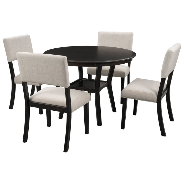 Trexm 5 Piece Kitchen Dining Table Set Round Table With Bottom Shelf, 4 Upholstered Chairs For Dining Room - Espresso