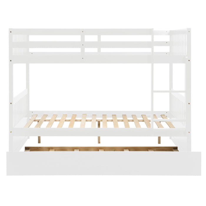 Full Over Full Bunk Bed With Trundle, Ladder And Safety Rails - White