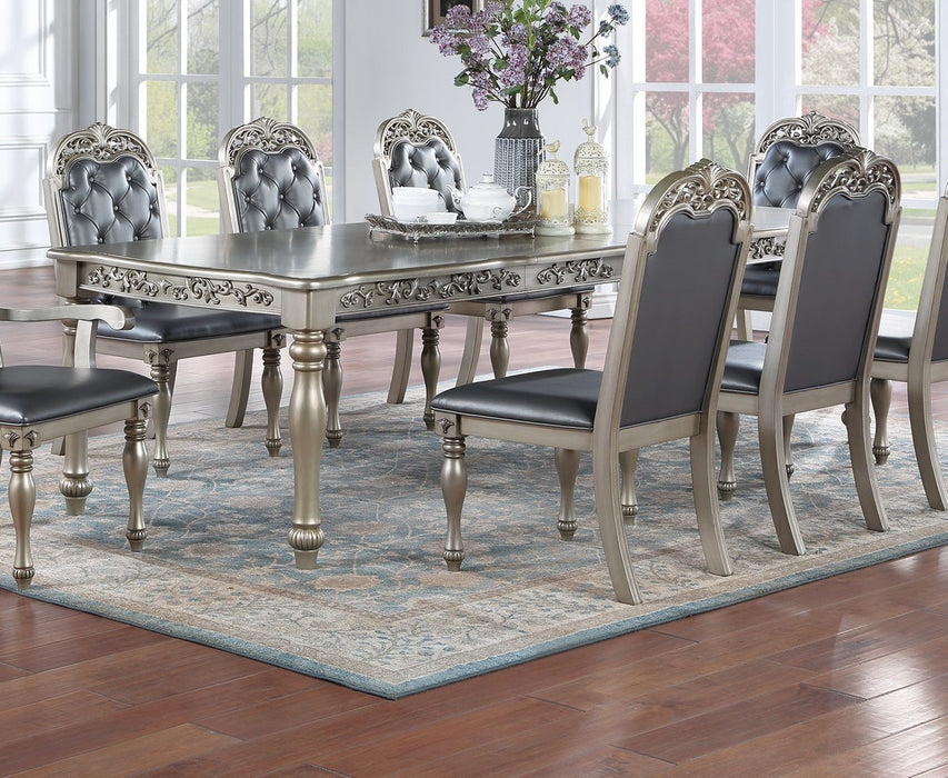 Traditional Silver / Grey Finish 9 Pieces Dining Set Table With 2X Arm Chairs 6X Side Chairs Rubber Wood Intricate Design Tufted Back Cushion Seat Dining Room Furniture