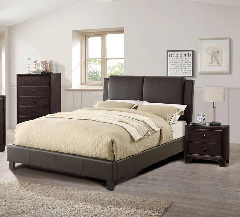 California King Size Bed 1 Piece Bed Set Brown Faux Leather Upholstered Two Panel Bed Frame Headboard Bedroom Furniture