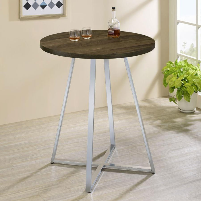 Burkhart - Sled Base Round Bar Table - Brown Oak And Chrome Unique Piece Furniture