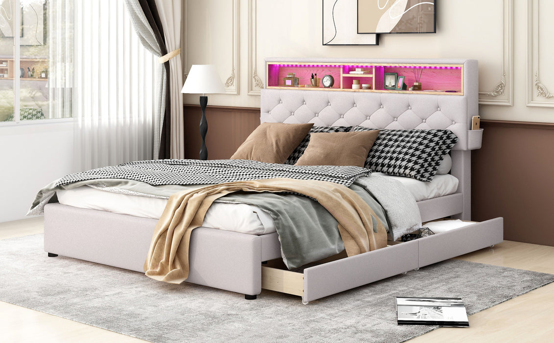 Queen Size Upholstered Platform Bed With Storage Headboard, Led, Usb Charging And 2 Drawers, Beige