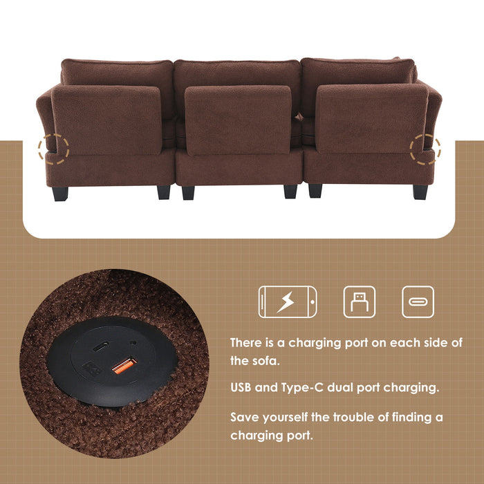 Modern Teddy Velvet Sectional Sofa, Charging Ports On Each Side, L-Shaped Couch With Storage Ottoman, 4 Seat Interior Furniture For Living Room, Apartment, 3 Colors (3 Pillows) - Brown