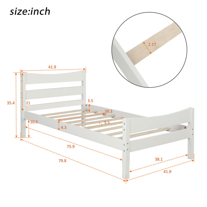 Twin Size Wood Platform Bed With Headboard And Wooden Slat Support (White)