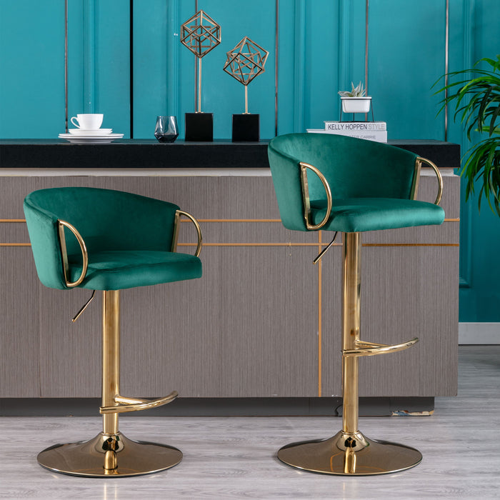 (Set of 2) Bar Stools, With Chrome Footrest And Base Swivel Height Adjustable Mechanical Lifting Velvet And Golden Leg Simple Bar Stool - Green
