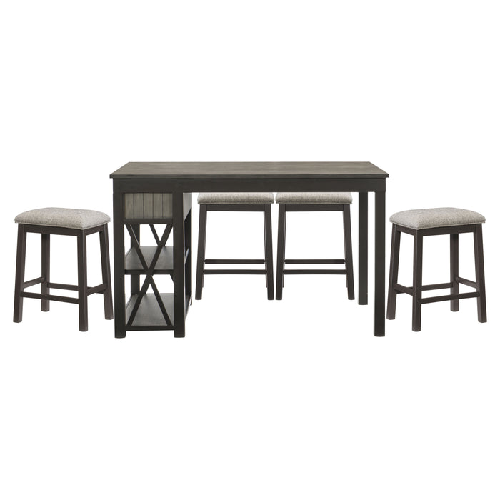 Casual Style Counter Height Dining 5 Pieces Set Gray Finish Multifunctional Table With 4 Stools Upholstered Cushion Seat Drawers Shelves Table Dining Kitchen Set