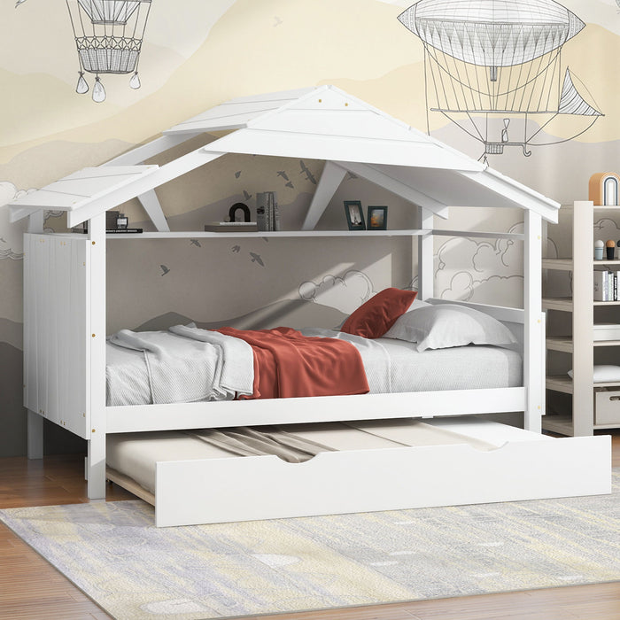 Wood Twin Size House Bed With Trundle And Storage, White