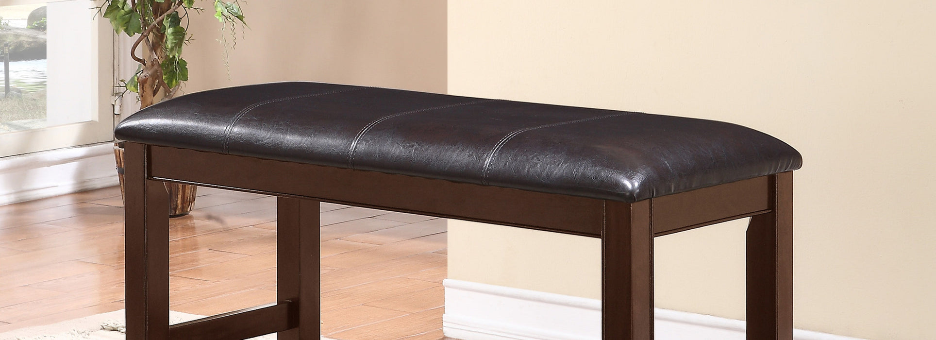 Farmhouse Style 1 Piece Brown Espresso Counter Height Bench Footrest Faux Leather Upholstered Seat Wooden Furniture