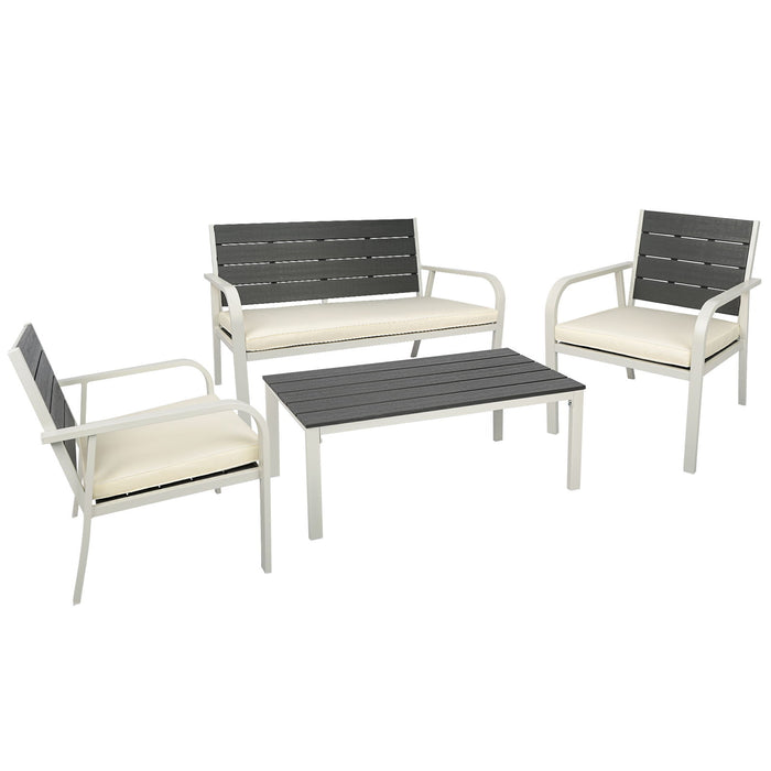 4 Pieces Patio Garden Sofa Conversation Set Wood Grain Design Pe Steel Frame Loveseat All Weather Outdoor Furniture Set With Cushions Coffee Table For Backyard Balcony Lawn White