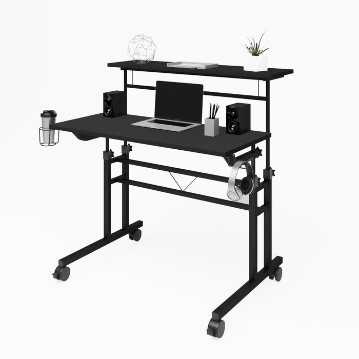 Techni Mobili Rolling Writing Desk With Height Adjustable Desktop And Moveable Shelf, Black