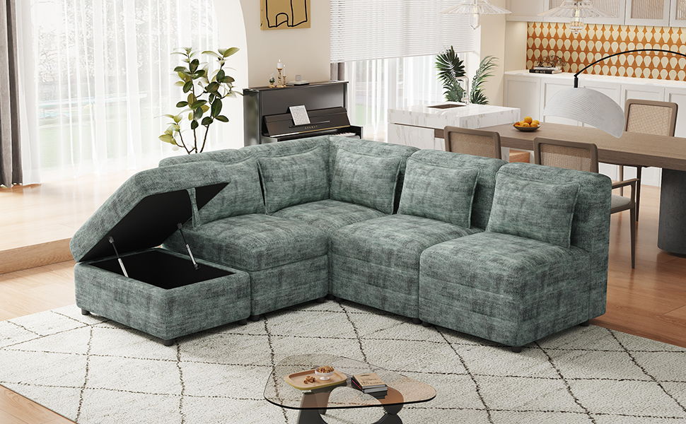 Free-Combined Sectional Sofa 5-Seater Modular Couches With Storage Ottoman, 5 Pillows For Living Room, Bedroom, Office, Blue Green