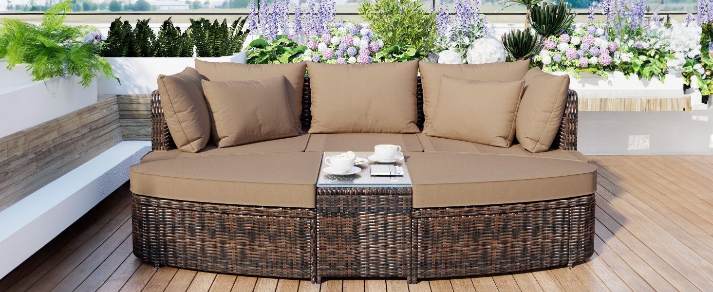 Topmax 6 Piece Patio Outdoor Conversation Round Sofa Set, PE Wicker Rattan Separate Seating Group With Coffee Table, Brown