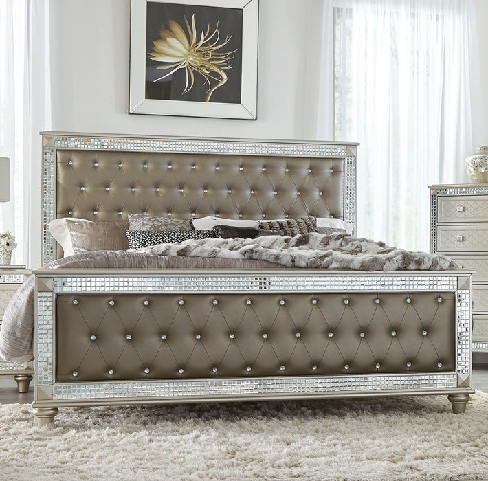 Glamorous Style Champagne Finish Queen Bed 1 Piece Upholstered Headboard Footboard Arcylic Crystals Trim Tufting Modern Bedroom Furniture