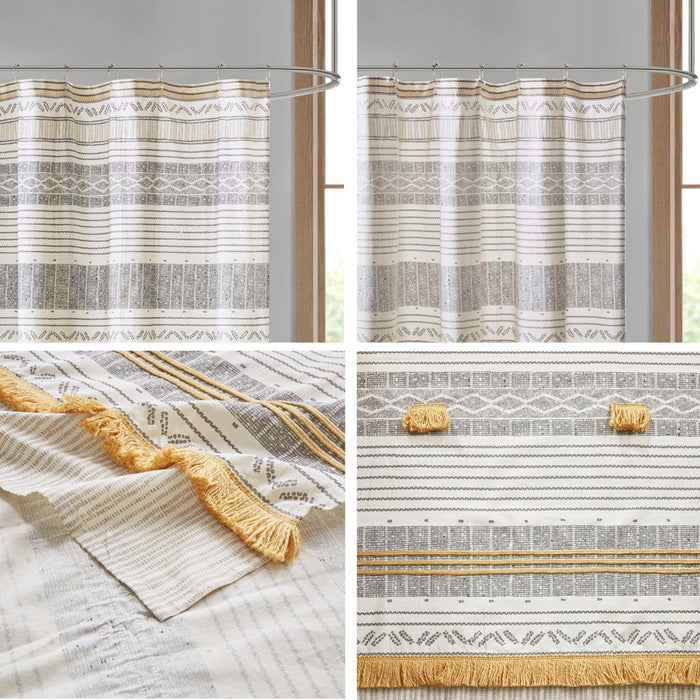 Cotton Stripe Printed Shower Curtain With Tassel - Gray / Yellow