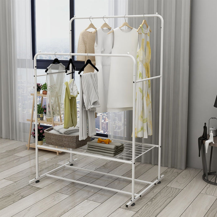 Garment Rack Freestanding Hanger Double Rods Multi-Functional Bedroom Clothing Rack White