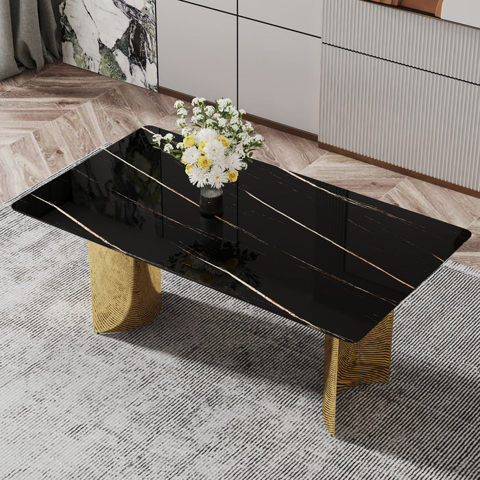 Modern Minimalist Dining Table The Black Patterned Glass Desktop Is Equipped With Golden Metal Legs Suitable For Restaurants And Living Rooms