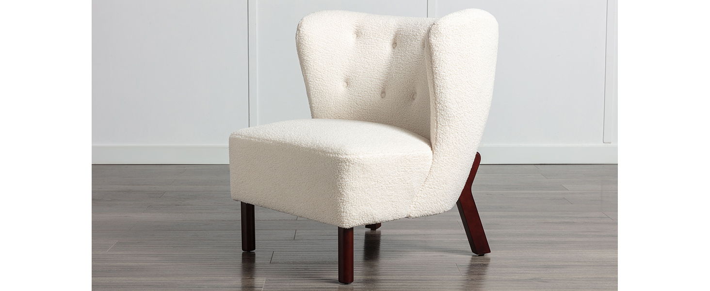 Accent Chair, Upholstered Armless Chair Lambskin Sherpa Single Sofa Chair With Wooden Legs, Modern Reading Chair For Living Room Bedroom Small Spaces Apartment, Cream