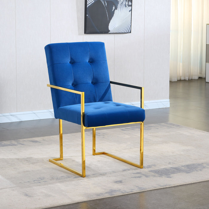 Modern Velvet Dining Arm Chair Set of 1, Tufted Design And Gold Finish Stainless Base - Blue