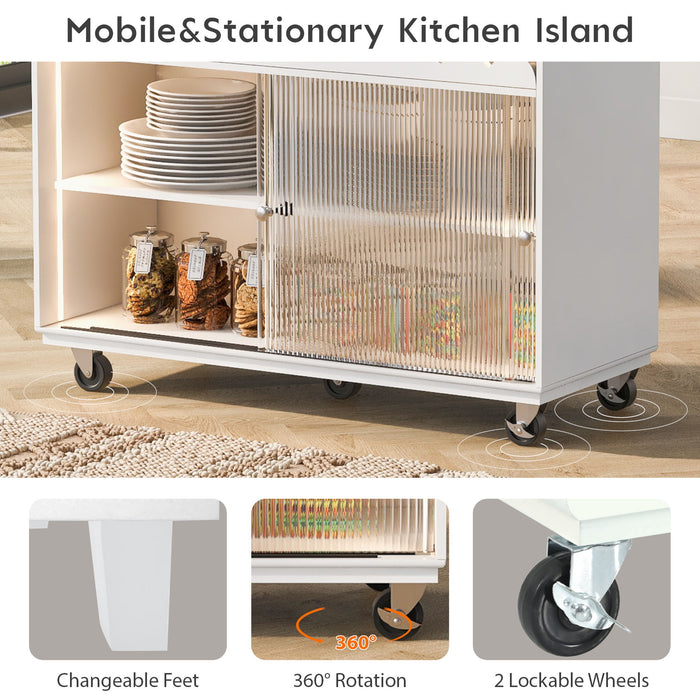Kitchen Island With Drop Leaf, Led Light Kitchen Cart On Wheels With Power Outlets, 2 Sliding Fluted Glass Doors, Large Kitchen Island Cart With 2 Cabinet And 1 Open Shelf (White)