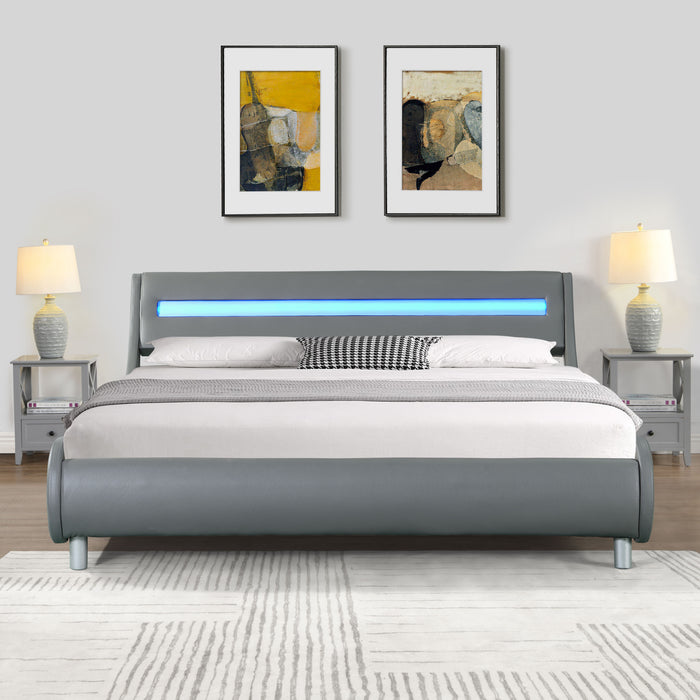 Faux Leather Upholstered Platform Bed Frame With LED Lighting, Curve Design, Wood Slat Support, No Box Spring Needed, Easy Assemble, Queen Size - Gray