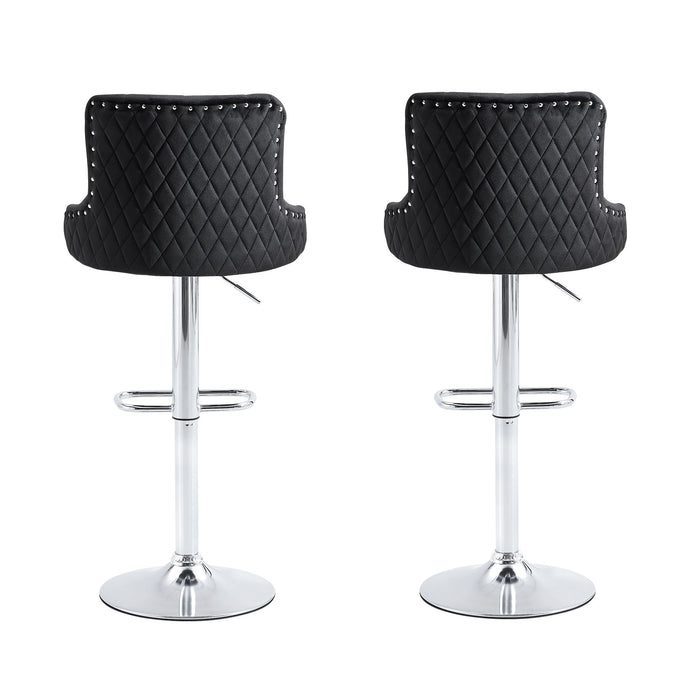 Bar Stool, Velvet Upholstered Seat, Gas Lifter, Decorated With Nailhead Trim, (Set of 2) Black Seat, Silver Base, Square Footrest,