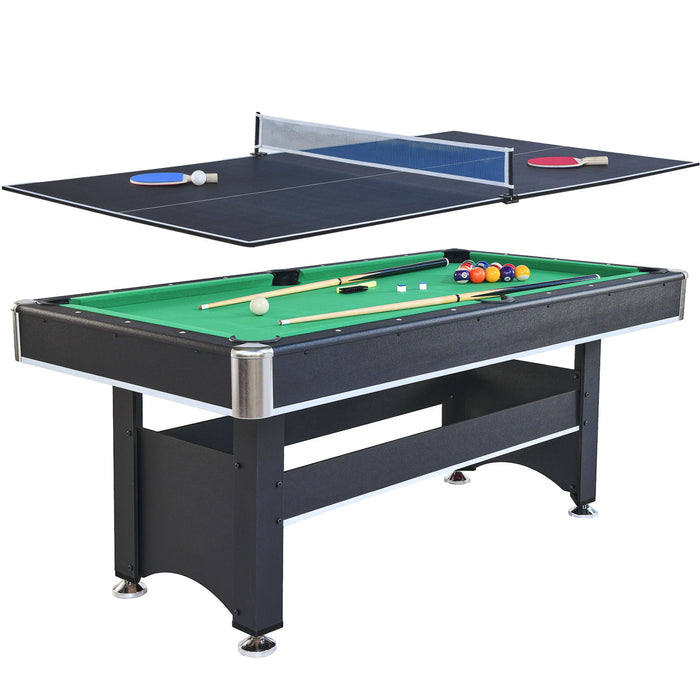 6 Ft Pool Table With Table Tennis Top - Black With Green Felt