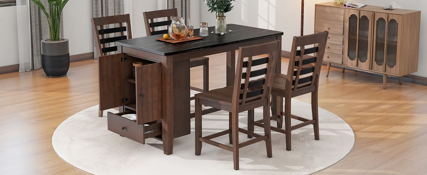 Top max Counter Height 5 Piece Dining Table Set With Faux Marble TableTop , Solid Wood Table Set With Storage Cabinet And Drawer, Dark Walnut