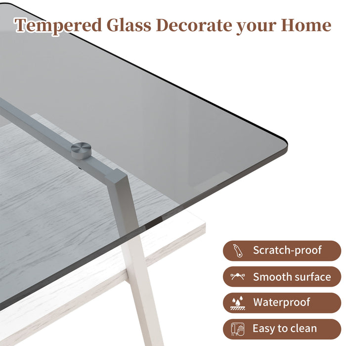 Rectangle Coffee Table, Tempered Glass Tabletop With White Metal Legs, Modern Table For Living Room, Gray Glass