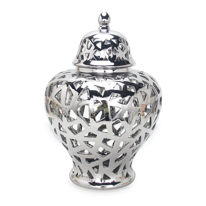 Ceramic Ginger Jar Vase With Decorative Design - Silver