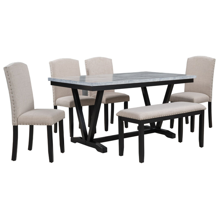 Trexm Modern Style 6 Piece Dining Table With 4 Chairs & 1 Bench, Table With Marbled Veneers Tabletop And V Shaped Table Legs (White)