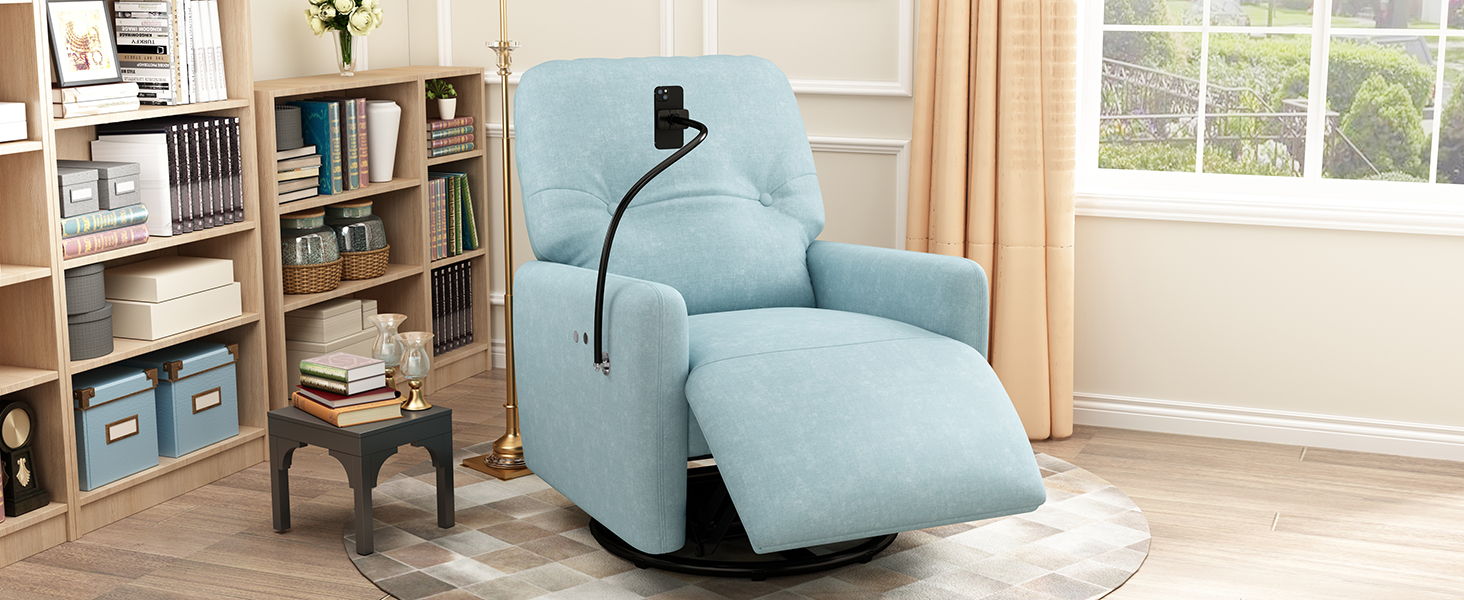 270 Degree Swivel Electric Recliner Home Theater Seating Single Reclining Sofa Rocking Motion Recliner With A Phone Holder For Living Room, Blue