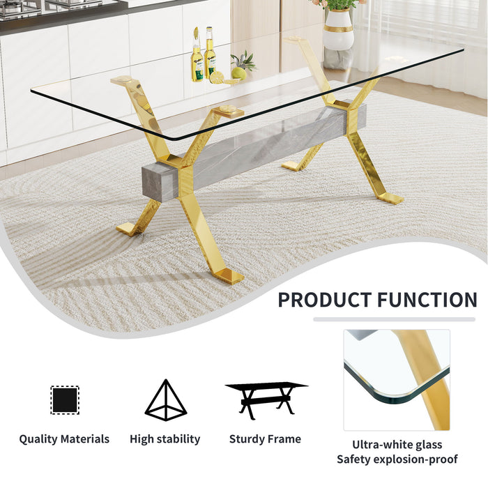 1 Table And 6 Chairs Modern, Simple And Luxurious Tempered Glass Rectangular Dining Table And Desk With 6 White PU Gold Plated Leg Chairs