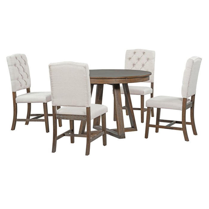 Trexm 5 Piece Retro Functional Dining Set, Round Table With A 16"With Leaf And 4 Upholstered Chairs For Dining Room And Living Room (Walnut)