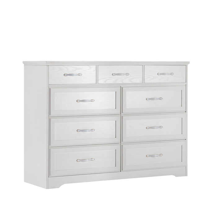 Bedroom Dresser, 9 Drawer Long Dresser With Antique Handles, Wood Chest Of Drawers For Kids Room, Living Room, Entry And Hallway, White