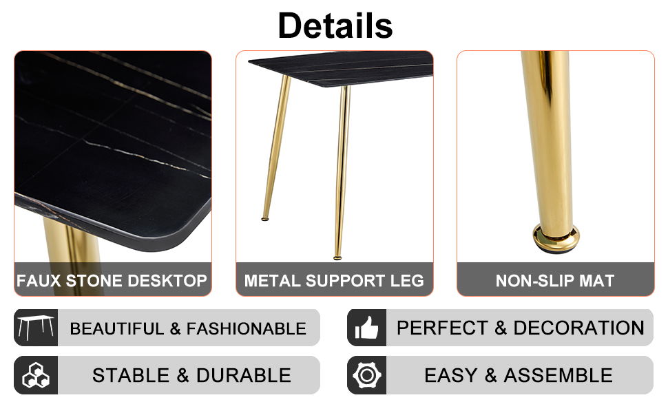 Modern Minimalist Rectangular Black Imitation Marble Dining Table, 0.4" Thick, Gold Color Metal Legs, Suitable For Kitchen, Dining Room, And Living Room