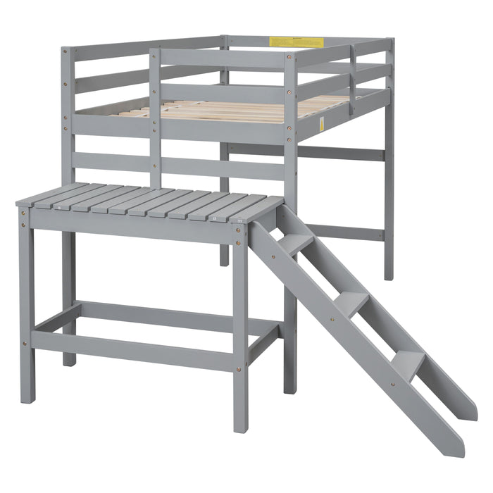 Twin Loft Bed With Platform, Ladder, Gray