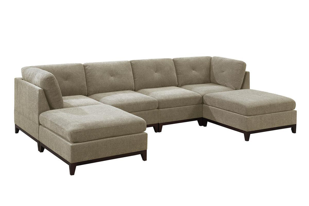 Camel Chenille Fabric Modular Sectional 6 Piece Set Living Room Furniture U-Sectional Couch 2 Corner Wedge 2 Armless Chairs And 2 Ottomans Tufted Back Exposed Wooden Base