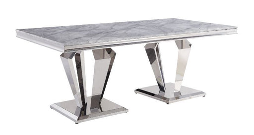 Satinka - Dining Table - Light Gray Printed Faux Marble & Mirrored Silver Finish Unique Piece Furniture