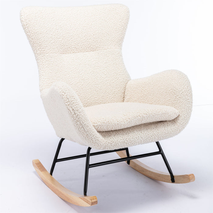 Teddy Fabric Padded Seat Rocking Chair With High Backrest And Armrests - Beige