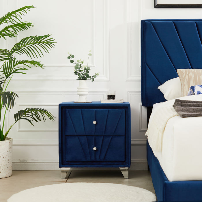 B108 Queen Bed With Two Nightstands, Beautiful Line Stripe Cushion Headboard, Strong Wooden Slats And Metal Legs With Electroplate - Blue