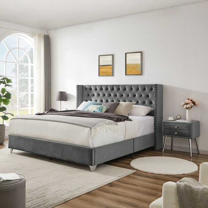 B100S King Bed With One Nightstand, Button Designed Headboard, Strong Wooden Slats And Metal Legs With Electroplate - Gray