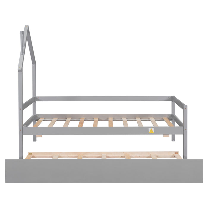 Twin Wooden Daybed With Trundle, Twin House-Shaped Headboard Bed With Guardrails, Grey