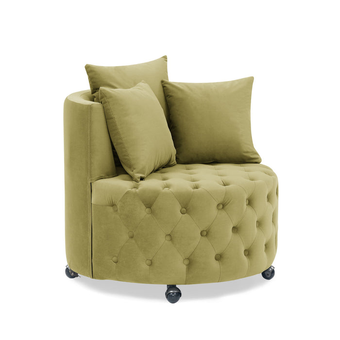 Velvet Upholstered Swivel Chair For Living Room, With Button Tufted Design And Movable Wheels, Including 3 Pillows, Khaki Green